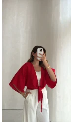 Müslin Bağlamalı Crop Bluz - Kırmızı - Kod: 4729