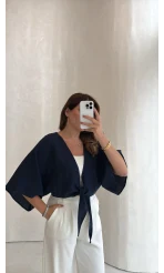 Müslin Bağlamalı Crop Bluz - Lacivert - Kod: 4729