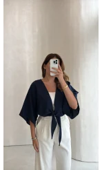 Müslin Bağlamalı Crop Bluz - Lacivert - Kod: 4729