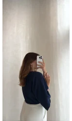Müslin Bağlamalı Crop Bluz - Lacivert - Kod: 4729