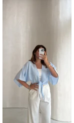 Müslin Bağlamalı Crop Bluz - Mavi - Kod: 4729