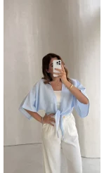 Müslin Bağlamalı Crop Bluz - Mavi - Kod: 4729