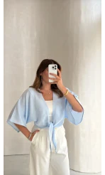Müslin Bağlamalı Crop Bluz - Mavi - Kod: 4729