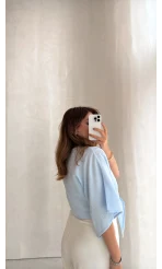 Müslin Bağlamalı Crop Bluz - Mavi - Kod: 4729