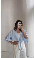 Müslin Bağlamalı Crop Bluz - Mavi - Kod: 4729