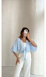 Müslin Bağlamalı Crop Bluz - Mavi - Kod: 4729