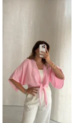 Müslin Bağlamalı Crop Bluz - Pembe - Kod: 4729