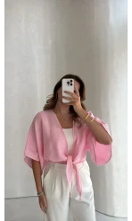 Müslin Bağlamalı Crop Bluz - Pembe - Kod: 4729