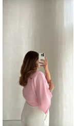 Müslin Bağlamalı Crop Bluz - Pembe - Kod: 4729