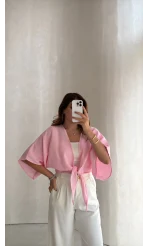 Müslin Bağlamalı Crop Bluz - Pembe - Kod: 4729