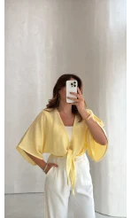 Müslin Bağlamalı Crop Bluz - Sarı - Kod: 4729