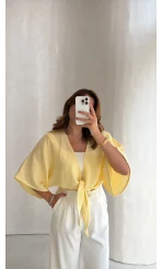 Müslin Bağlamalı Crop Bluz - Sarı - Kod: 4729