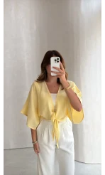Müslin Bağlamalı Crop Bluz - Sarı - Kod: 4729
