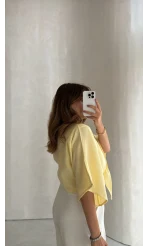 Müslin Bağlamalı Crop Bluz - Sarı - Kod: 4729