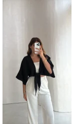 Müslin Bağlamalı Crop Bluz - Siyah - Kod: 4729