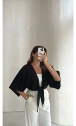 Müslin Bağlamalı Crop Bluz - Siyah - Kod: 4729