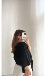Müslin Bağlamalı Crop Bluz - Siyah - Kod: 4729