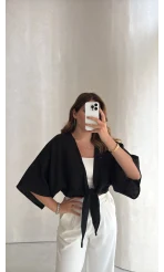 Müslin Bağlamalı Crop Bluz - Siyah - Kod: 4729