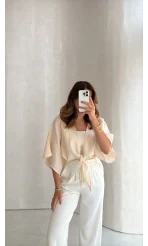 Müslin Bağlamalı Crop Bluz - Taş - Kod: 4729