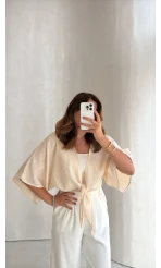 Müslin Bağlamalı Crop Bluz - Taş - Kod: 4729