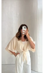 Müslin Bağlamalı Crop Bluz - Taş - Kod: 4729