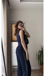 Müslin Çiçek Nakışlı Yelek Lacivert
