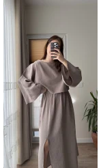 Müslin Kumaş Lssy Etekli Takım - Vizon