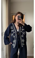 Müslin Nakışlı Kimono - Lacivert