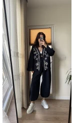 Müslin Nakışlı Kimono - Lacivert
