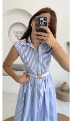 Nairobi Çizgili Kemerli Elbise - Açık Mavi - 205186