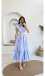 Nairobi Çizgili Kemerli Elbise - Açık Mavi - 205186