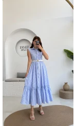Nairobi Çizgili Kemerli Elbise - Açık Mavi - 205186