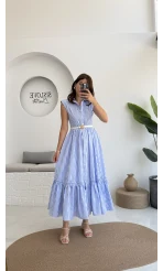 Nairobi Çizgili Kemerli Elbise - Açık Mavi - 205186