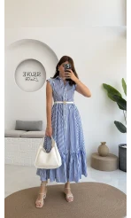 Nairobi Çizgili Kemerli Elbise - Koyu Mavi - 205186