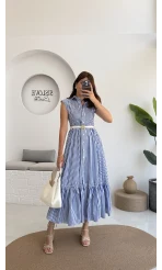 Nairobi Çizgili Kemerli Elbise - Koyu Mavi - 205186