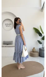 Nairobi Çizgili Kemerli Elbise - Koyu Mavi - 205186