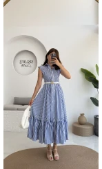 Nairobi Çizgili Kemerli Elbise - Koyu Mavi - 205186