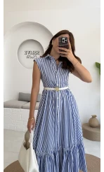 Nairobi Çizgili Kemerli Elbise - Koyu Mavi - 205186