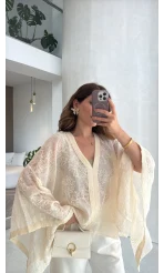 Nakışlı Kimono - Bej - Kod: 5100