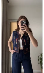 Nakışlı Lacivert Yelek