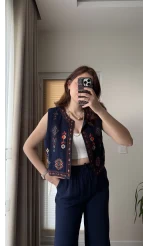 Nakışlı Lacivert Yelek