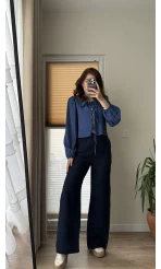 Nakışlı Müslin Lacivert Pantolon 4011