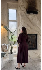 Naples Balon Kol Bel Detay Düğmeli Elbise - Mürdüm - Kod: 2337