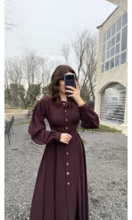 Naples Balon Kol Bel Detay Düğmeli Elbise - Mürdüm - Kod: 2337