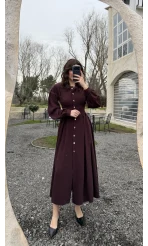 Naples Balon Kol Bel Detay Düğmeli Elbise - Mürdüm - Kod: 2337