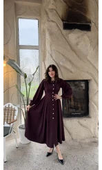 Naples Balon Kol Bel Detay Düğmeli Elbise - Mürdüm - Kod: 2337