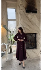 Naples Balon Kol Bel Detay Düğmeli Elbise - Mürdüm - Kod: 2337