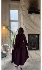 Naples Balon Kol Bel Detay Düğmeli Elbise - Mürdüm - Kod: 2337