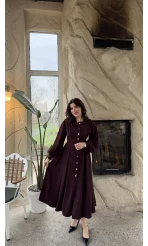 Naples Balon Kol Bel Detay Düğmeli Elbise - Mürdüm - Kod: 2337