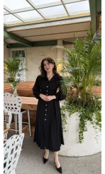 Naples Balon Kol Bel Detay Düğmeli Elbise - Siyah - Kod: 2337